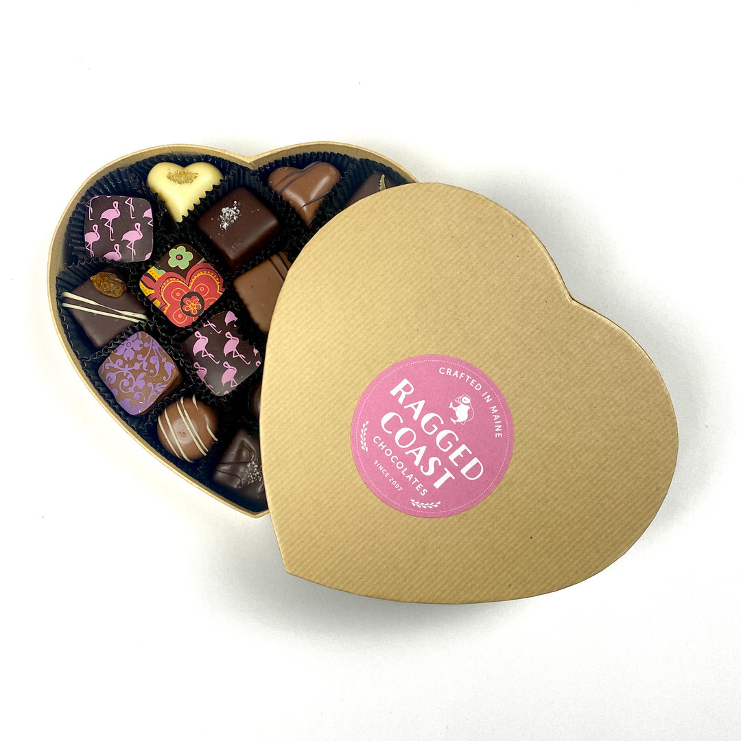 An 18-piece heart-shaped box from Ragged Coast Chocolates holds a variety of exquisitely designed chocolate truffles.