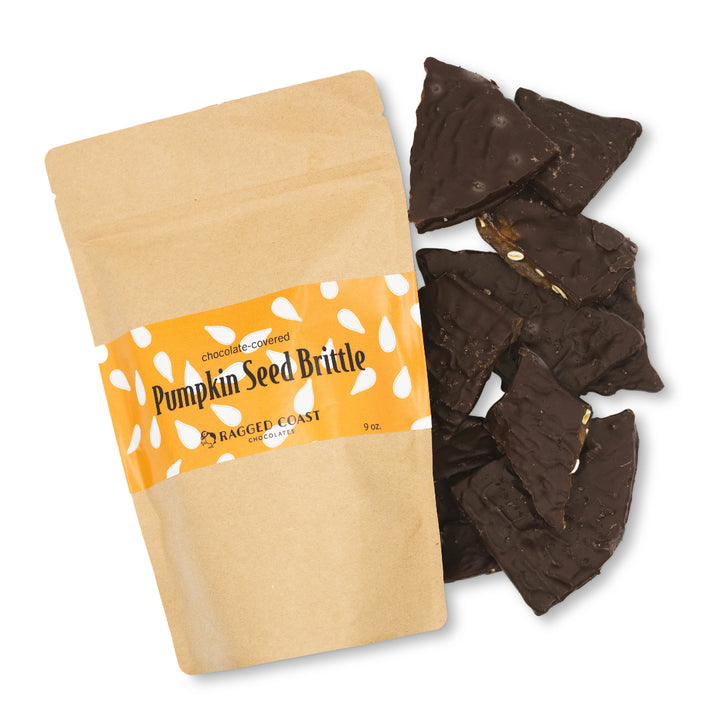 A 9-ounce bag of Ragged Coast Chocolates' Chocolate-Covered Spiced Pumpkin Seed Brittle, crafted with roasted pumpkin seeds and organic sugar, featuring several triangular pieces scattered beside it.