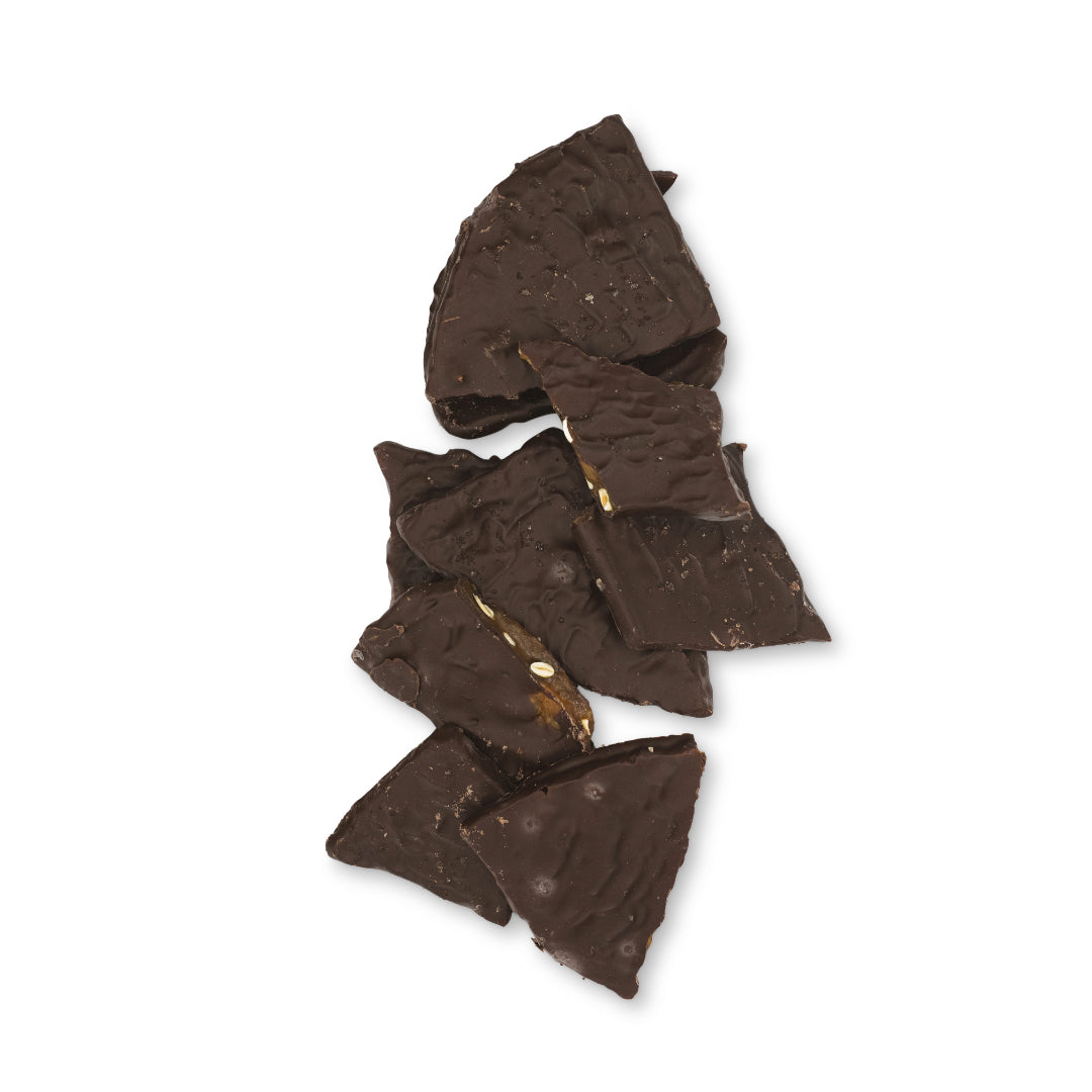 Chocolate-covered spiced pumpkin seed brittle from Ragged Coast Chocolates in a 9-ounce bag shown on a white background.