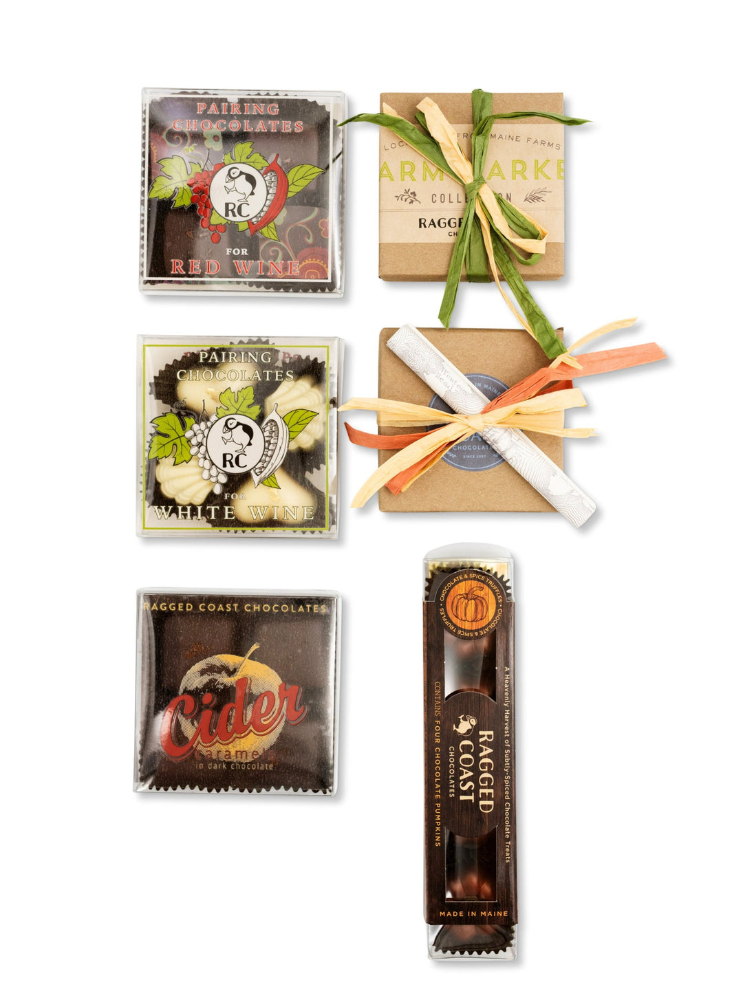 An array of Ragged Coast Chocolates confections are showcased, featuring pairings for red and white wine, cider caramels, and the Autumn Chocolate Sampler Gift Box tied with a green ribbon—an irresistible treat for any filled-chocolate enthusiast.