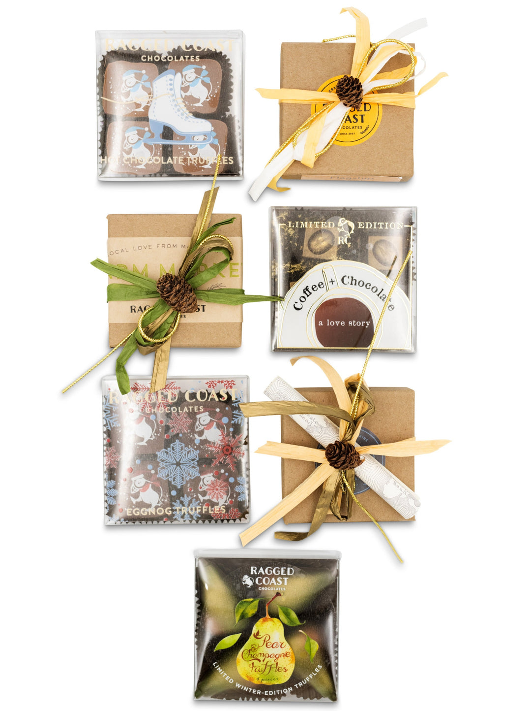 A display of the Chocolate Sampler Gift Box for the Holidays by Ragged Coast Chocolates, featuring decadent chocolate truffles and smooth caramels, wrapped in decorative ribbons and holiday-themed packaging.