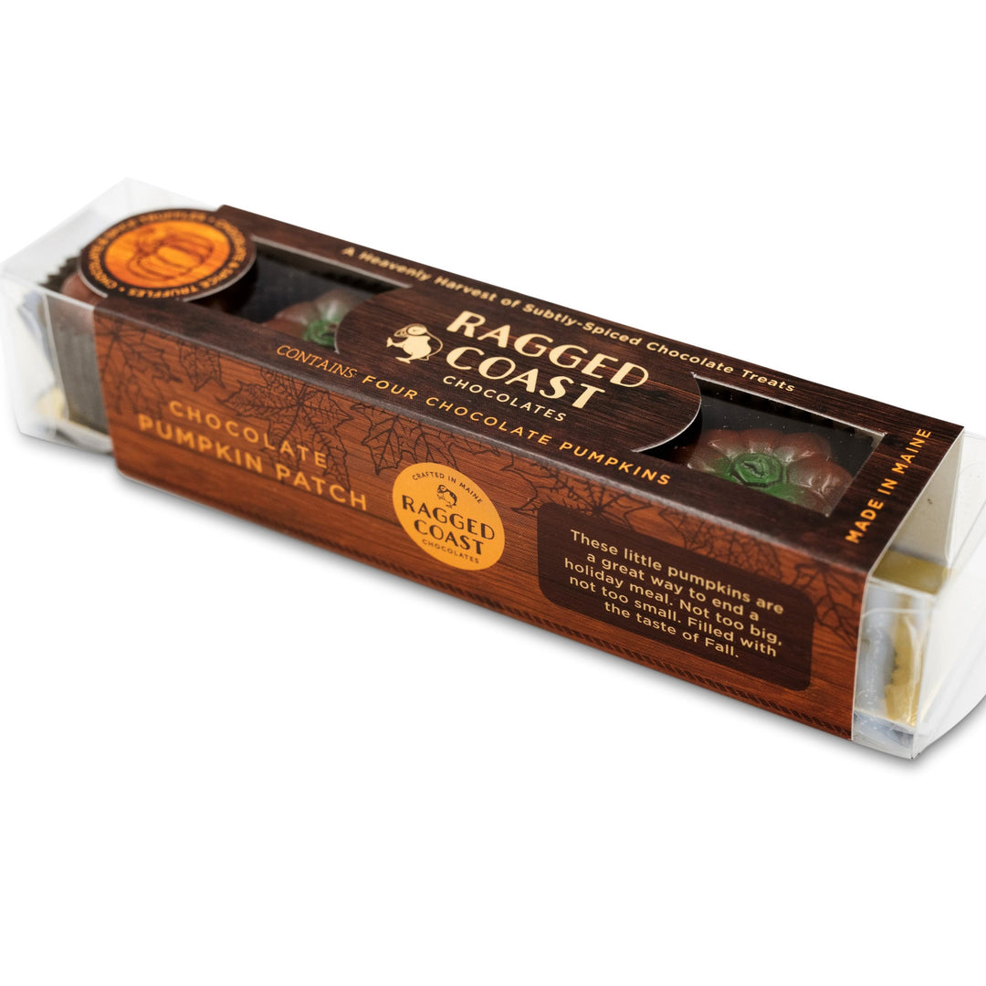 Box of Ragged Coast Chocolates featuring "Pumpkin Patch Chocolate Truffles." This seasonal treat includes four pumpkin-shaped bonbons, described as real caramel cushions infused with fall spices.