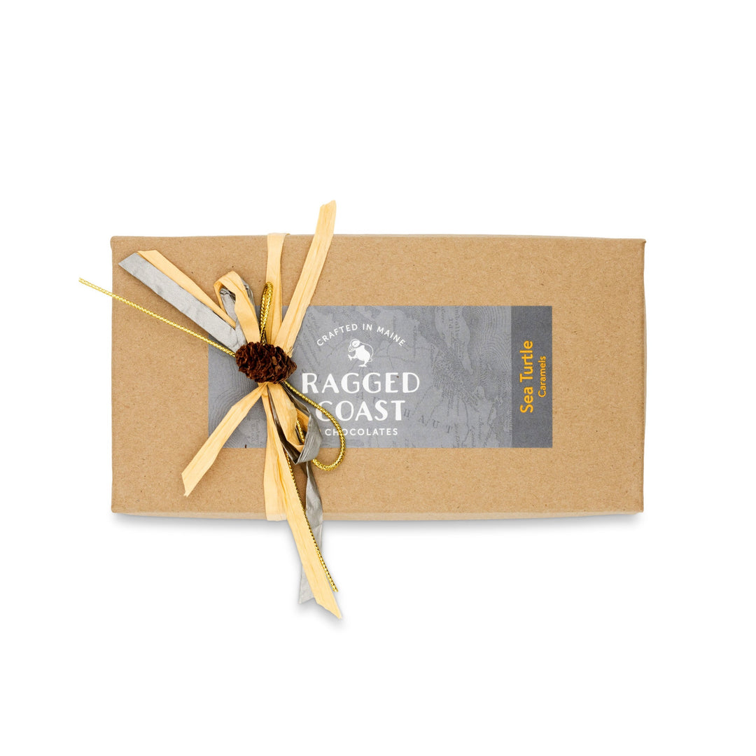 A rectangular box of Ragged Coast Chocolates, adorned with a raffia and ribbon bow, features the "Sea Turtle Caramels" collection. It contains direct-trade Ecuadorian dark chocolate and delightful dark chocolate sea salt caramels.