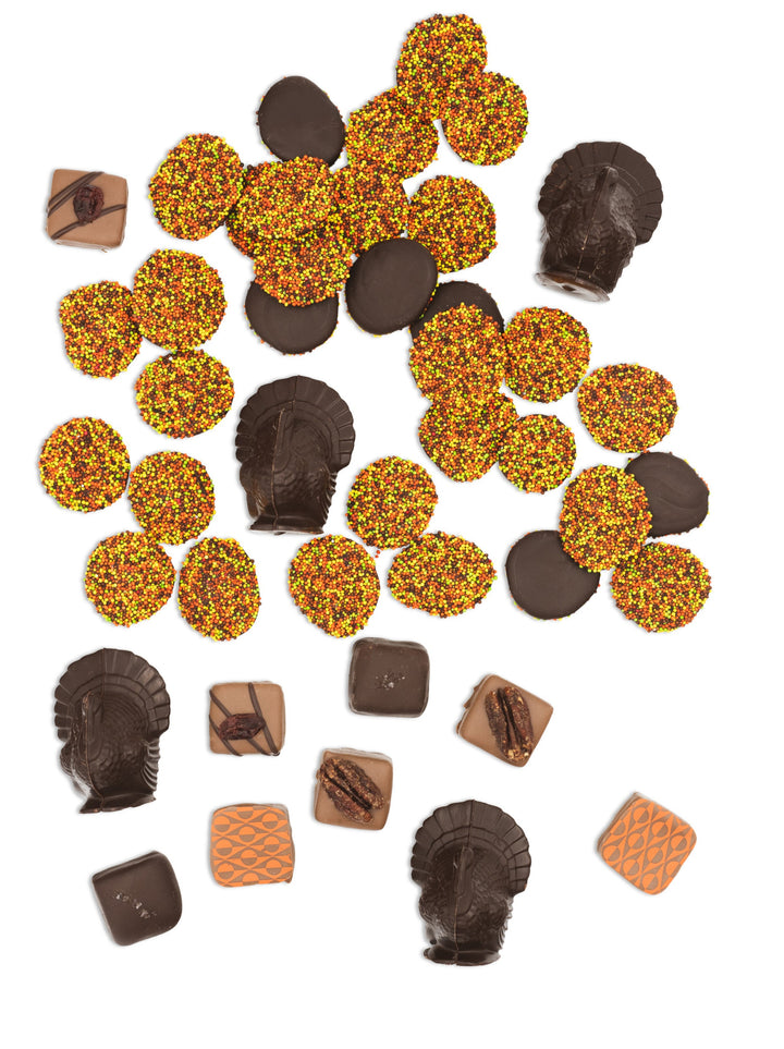 The Thanksgiving Chocolate Table Setting Bundle by Ragged Coast Chocolates showcases an assortment of fall-themed chocolates, including turkey-shaped dark chocolates, sprinkle-covered Autumn Nonpareils, and square milk chocolates with various designs, all elegantly displayed on a white background.