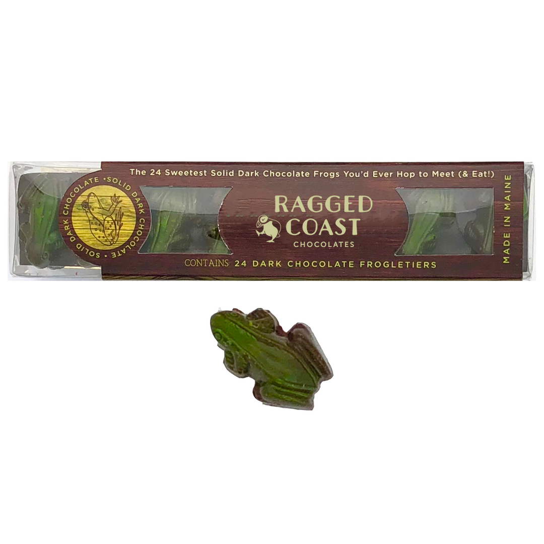 The Saint Patrick's Day Gift Box by Ragged Coast Chocolates includes 24 handmade dark chocolate frogs, with one charming frog displayed in front, perfect for celebrating.