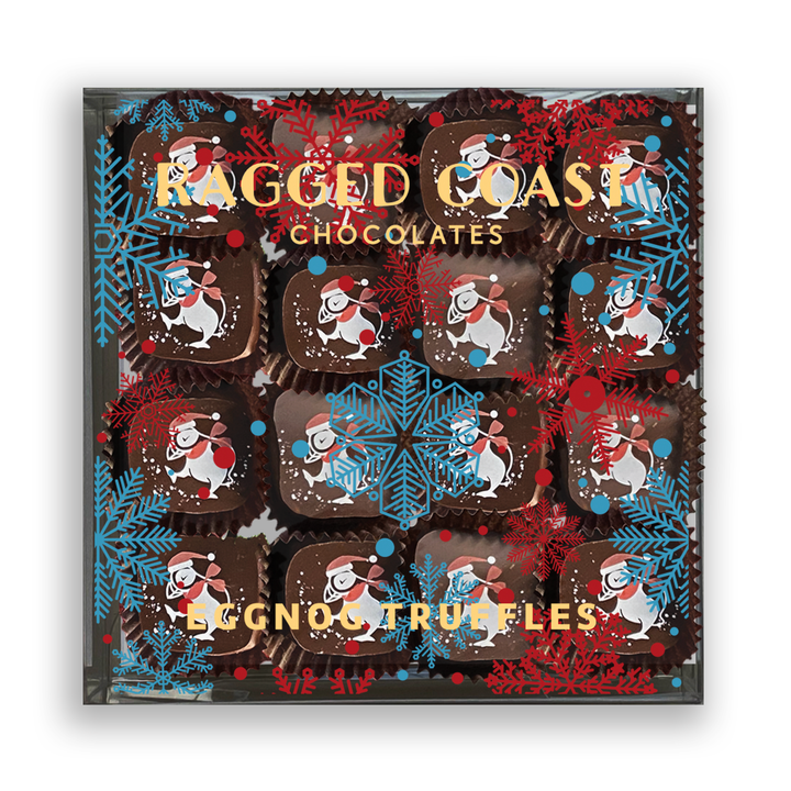 Box of Ragged Coast Chocolates showcasing a snowman design, labeled "Eggnog and Bittersweet Chocolate Truffles for the Holidays." Each white chocolate truffle is filled with a creamy ganache, offering a festive holiday treat.