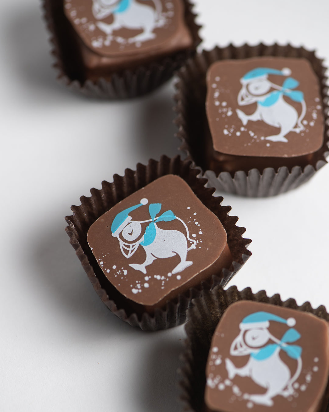 Introducing Ragged Coast Chocolates' "Hot Chocolates" for the Holidays: Four square chocolate pieces are adorned with a festive design featuring a white penguin in a blue hat and scarf, nestled in dark brown wrappers. Each bite unveils an indulgent chocolate ganache that captivates the palate with its creamy richness.